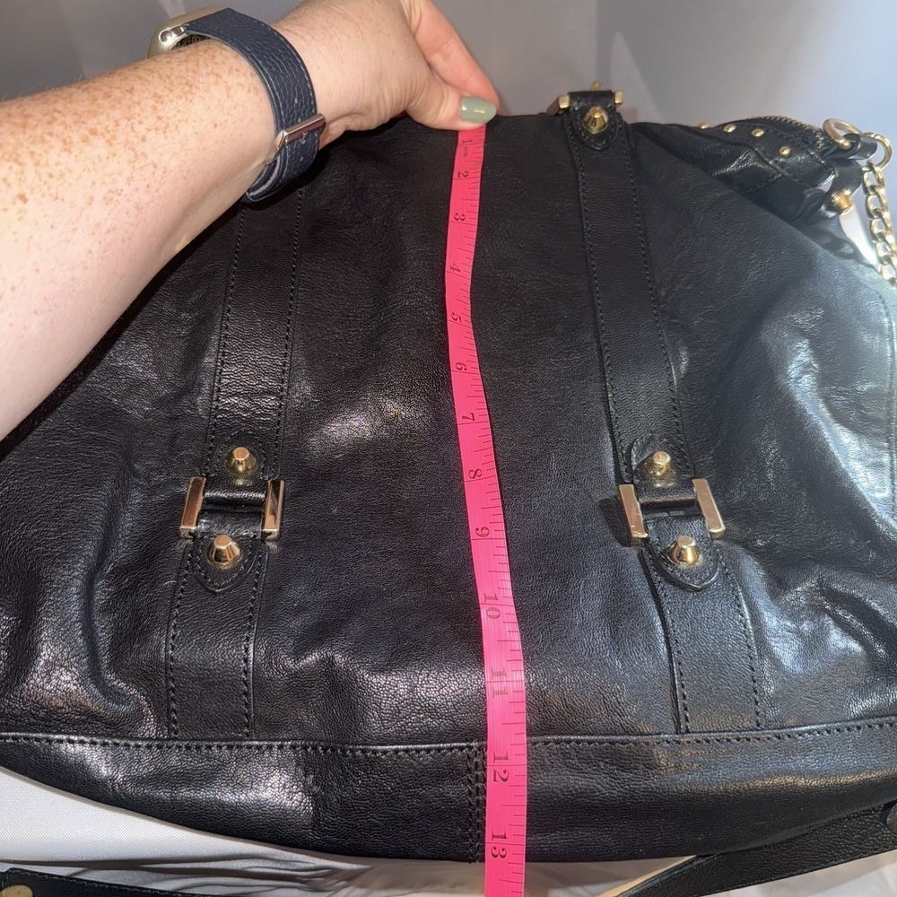 JUICY COUTURE BLACK LEATHER GOLD STUDDED LARGE ZIP TOP TASSEL TOTE BAG PURSE - Picture 12 of 16